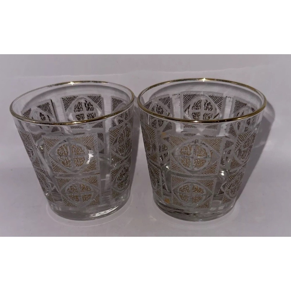 2 Libbey Old Fashion Glasses 8oz Gold & Frosted Geometric Cocktail Barware 3.25"